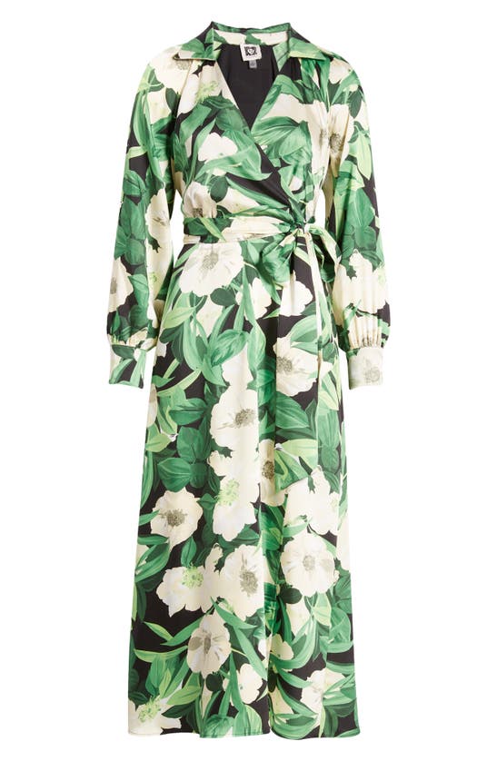Shop Anne Klein Floral Print Long Sleeve Faux Wrap Midi Dress In Emerald Mint Multi