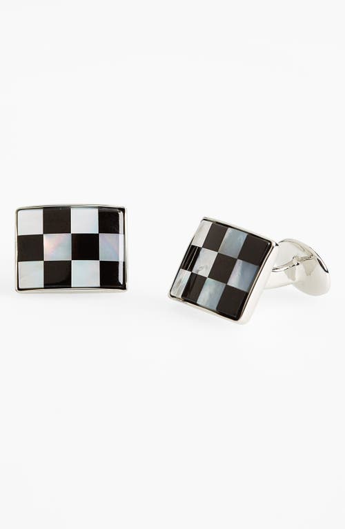 Shop David Donahue Checkerboard Cuff Links In Silver/onyx/mother Of Pearl