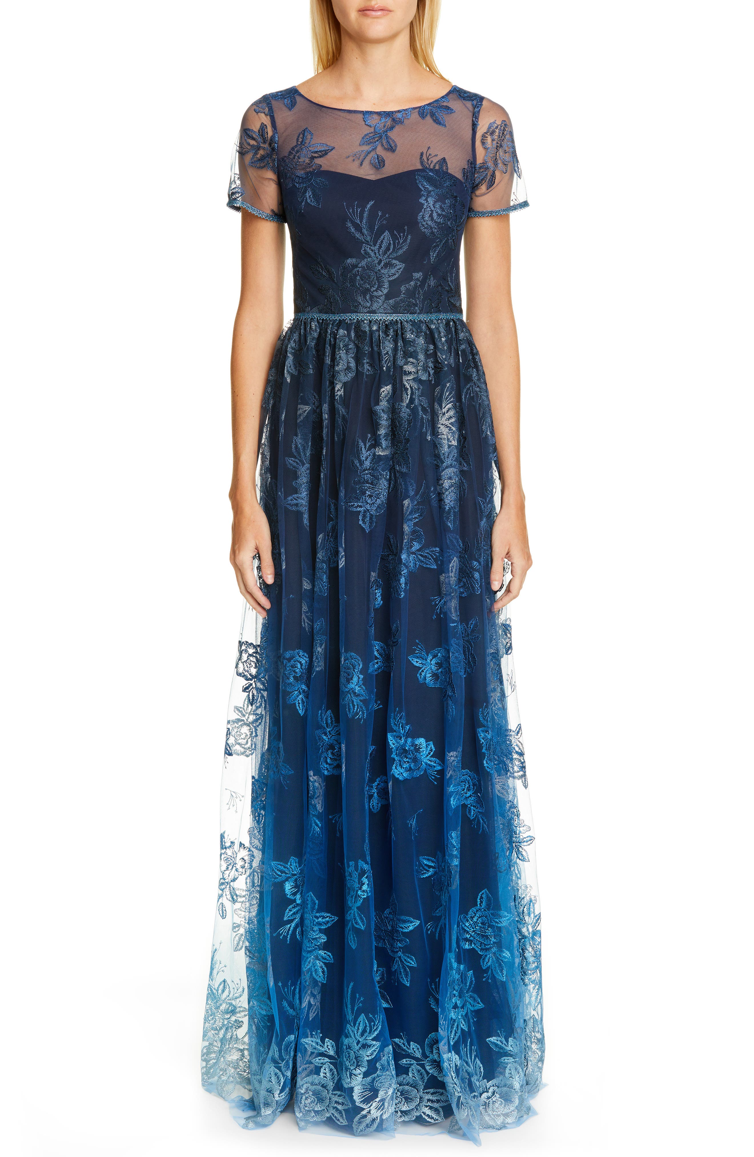 Marchesa Notte Ombre Embroidered Gown, Blue