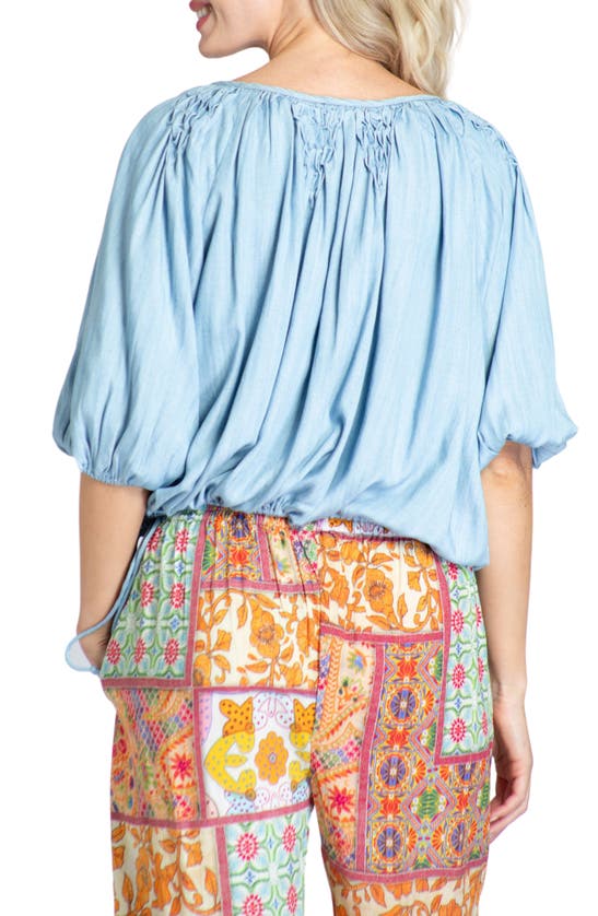 Apny Smocked Detail Chambray Top In Light Indigo