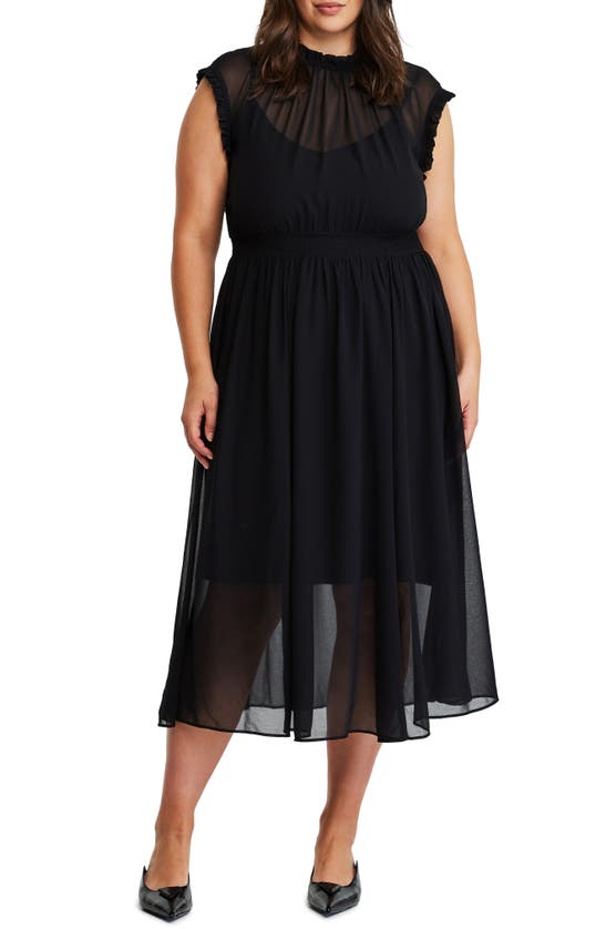 Shop Estelle Illusion Neck Chiffon Midi Dress In Black