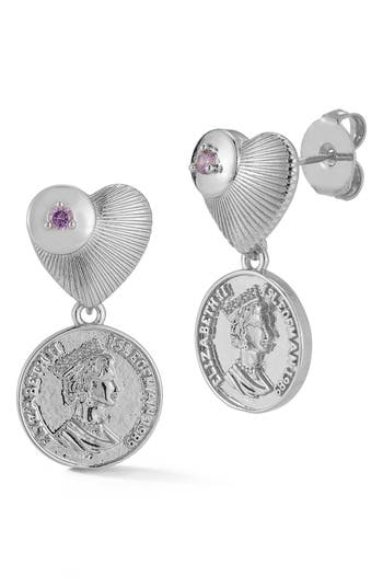 Sphera Milano Cz Heart & Coin Drop Earrings In Silver