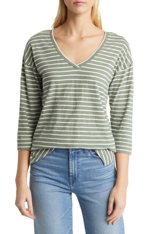 caslon(r) Drop Shoulder V-Neck T-Shirt in Green Dune- White Stripe