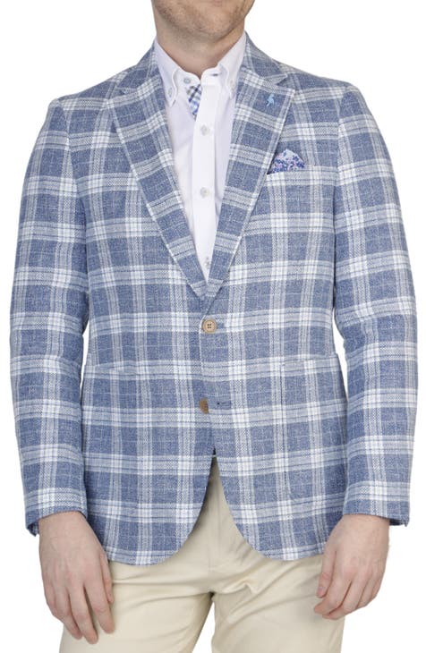 Blue Plaid Notch Lapel Linen Blend Sport Coat (Short, Regular & Long)