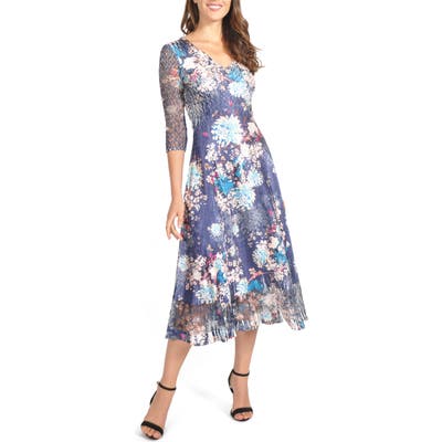 Petite Komarov Charmeuse & Chiffon Midi Dress, Blue