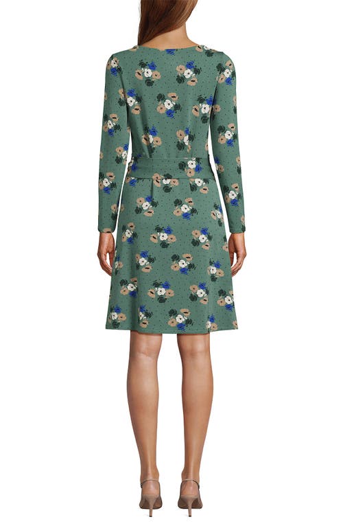 Shop Lands' End Long Sleeve Lightweight Cotton Modal Boatneck Tie Waist Dress In Evergreen Multi Dot Floral