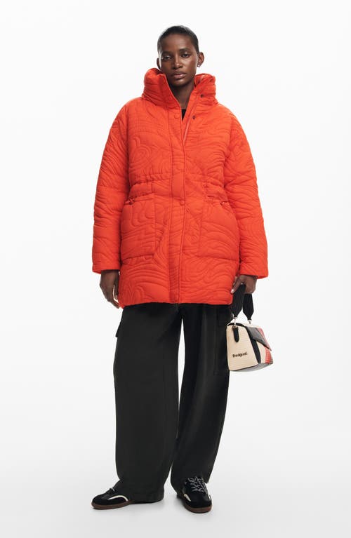 Desigual Aarhus Embroidered Quilted Coat With Removable Hood In Orange