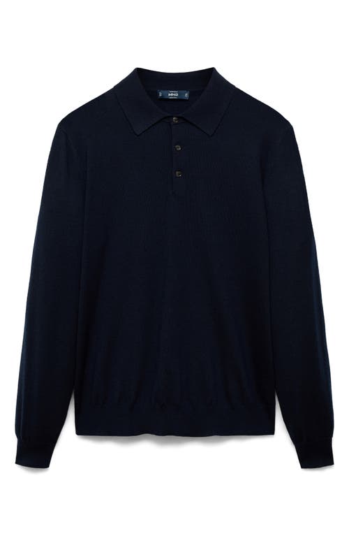Mango Merino Wool Polo Sweater In Dark Navy