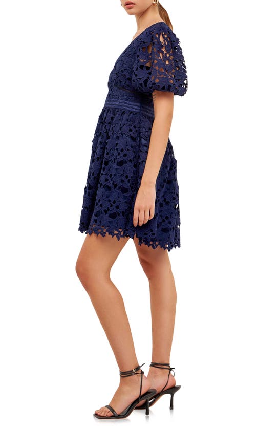Shop Endless Rose Puff Sleeve Lace Minidress In Navy
