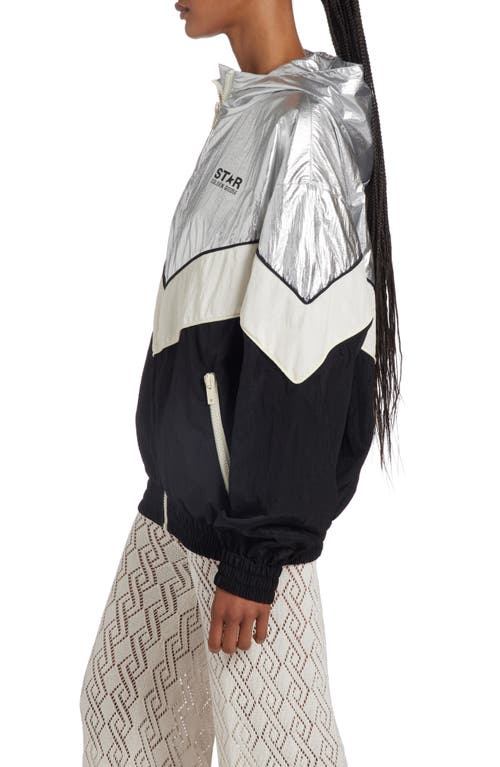 Shop Golden Goose Patchwork Hoodie Windbreaker In Silver/dark Papyrus/black