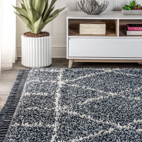 Jonathan Y Mercer Shag Plush Tassel Moroccan Geometric Area Rug In Blue/cream