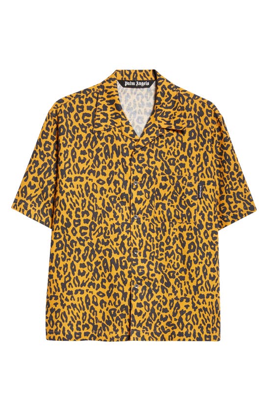 Shop Palm Angels Cheetah Print Short Sleeve Linen & Cotton Button-up Camp Shirt In Orange Black