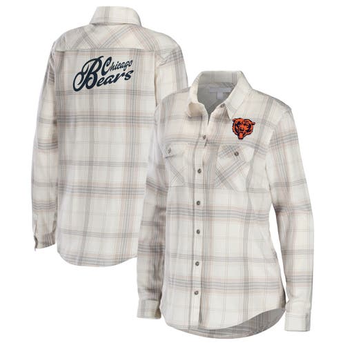 Women's WEAR by Erin Andrews Cream/Gray Chicago Bears Plaid Flannel Tri-Blend Long Sleeve Button-Up Shirt