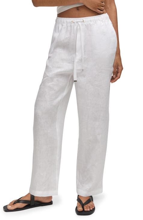White drawstring linen pants w/ lace detail
