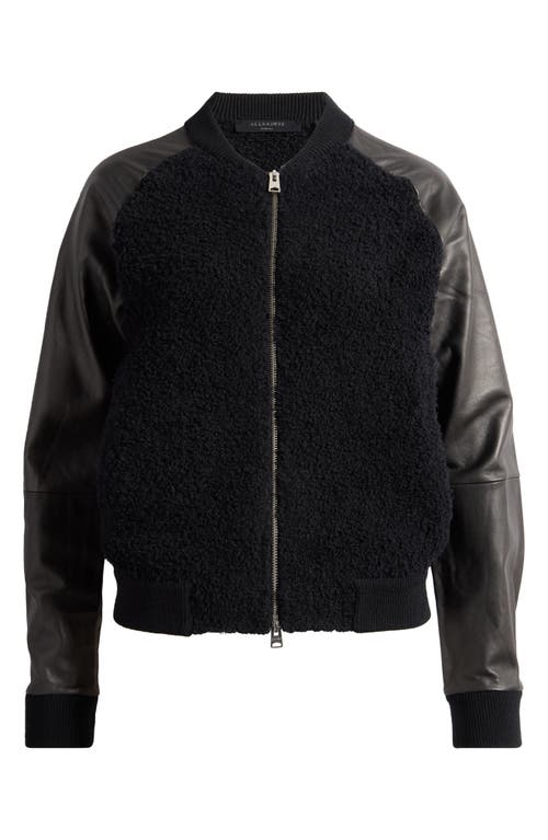 Allsaints Renata Leather Sleeve Wool Blend Bomber Cardigan In Black