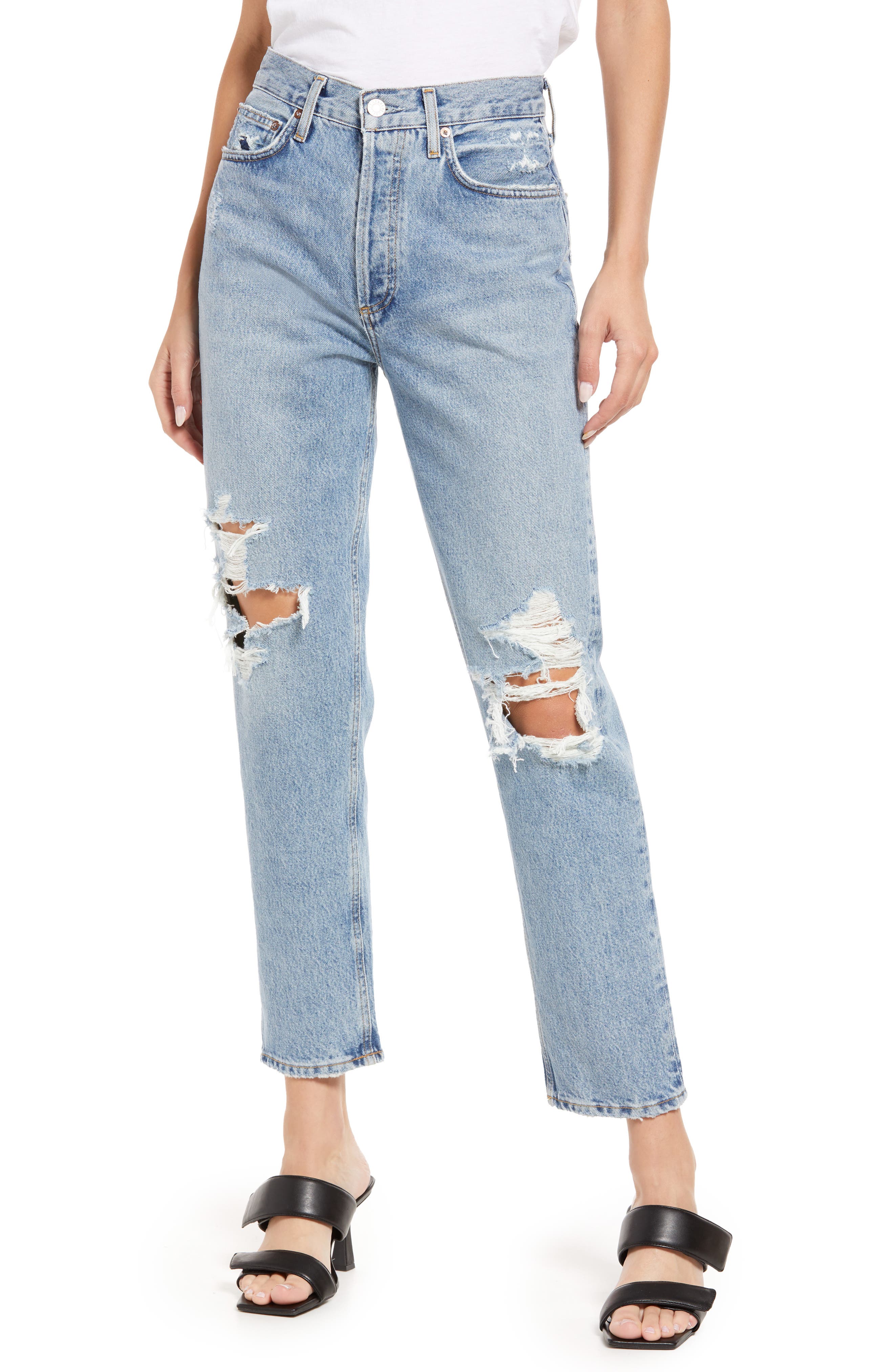 AGOLDE Fen Ripped High Waist Straight Leg Organic Cotton Jeans in Wander Washed Indigo With at Nordstrom