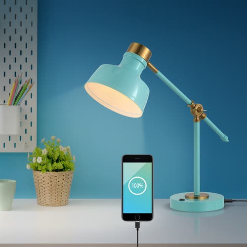 Jonathan Y Allegra Classic Farmhouse Adjustable Cantilever Led Task Lamp With Usb Charging Port In Cyan/brass Gold