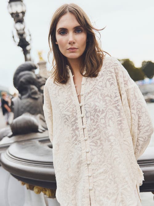 Shop Eddy Bellissima Buttondown In Ivory Crochet Lace