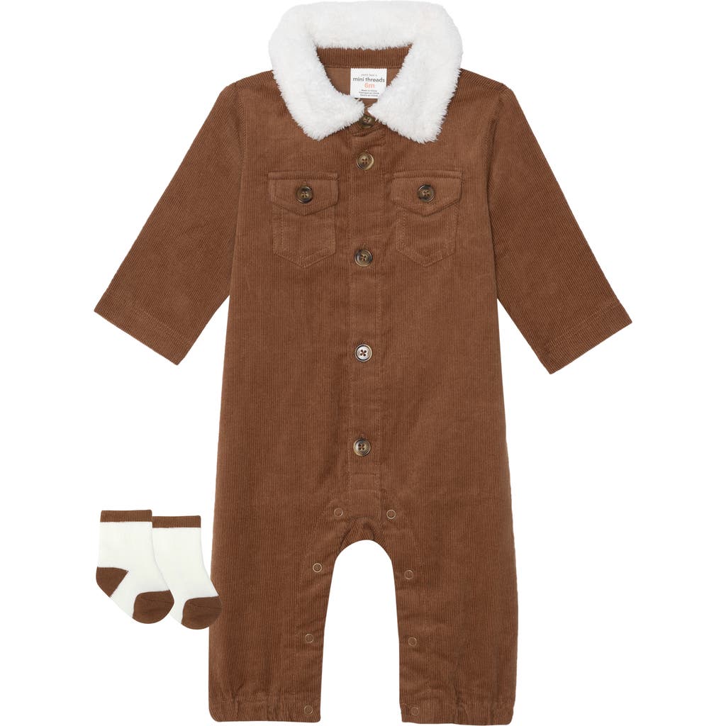 Pl Baby By Petit Lem 2-piece Fleece Collar Corduroy Romper Set In Rust