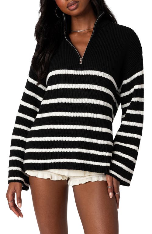 EDIKTED Stripe Oversize Quarter Zip Sweater Black-And-White at Nordstrom,