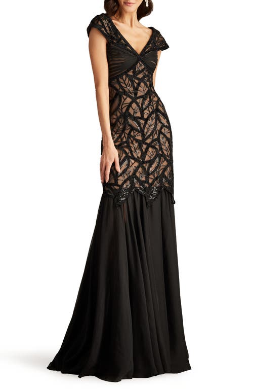 Shop Tadashi Shoji Sequin Leaf Detail Trumpet Gown In Black/nude