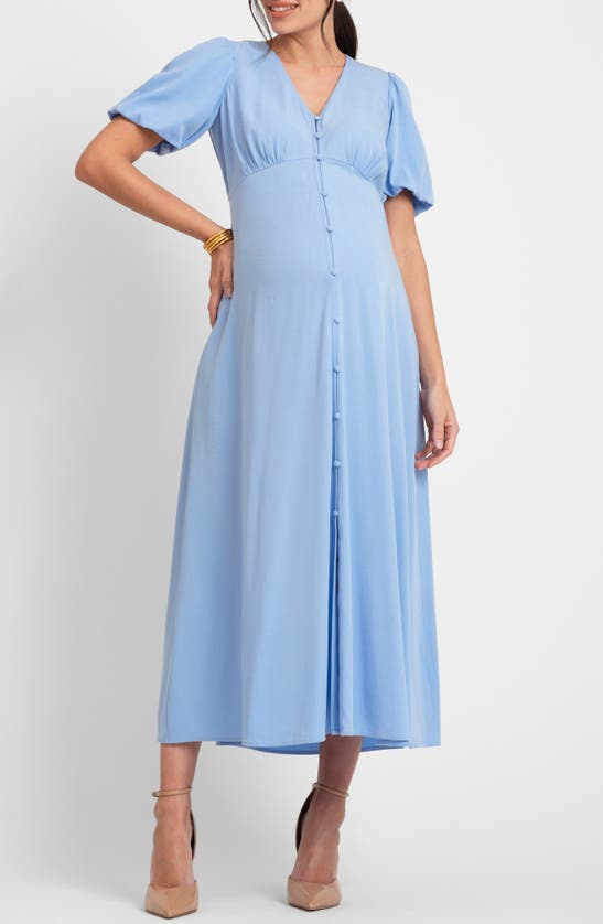 Shop Seraphine Puff Sleeve Button-up Maternity Midi Dress In Blue