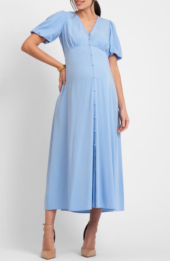 Seraphine Puff Sleeve Button-up Maternity Midi Dress In Blue