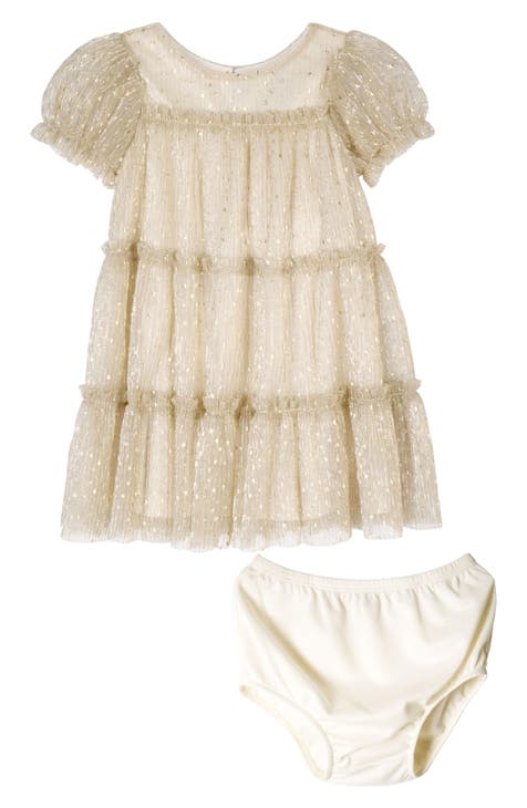 Metallic Puff Sleeve Tiered Tulle Dress & Bloomers (Baby)