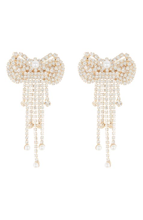 Crystal Imitation Pearl Fringe Bow Earrings