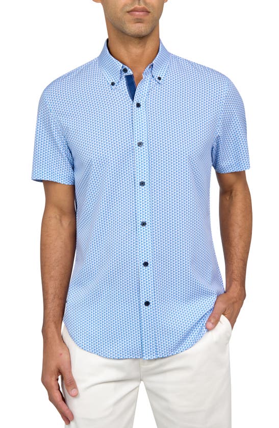 Construct Slim Fit Micro Dot Four-way Stretch Performance Short Sleeve Button-down Shirt In Light Blue
