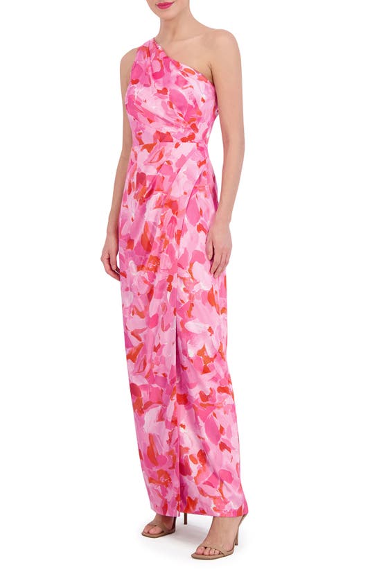 Shop Vince Camuto Floral One-shoulder Satin Sheath Gown In Bright Fuschia