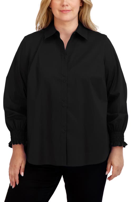 Foxcroft Olivia Smocked Cuff Cotton Blend Button-Up Shirt at Nordstrom,