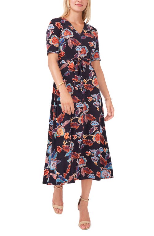 V-Neck Faux Wrap Midi Dress in Navy Blue/Multi