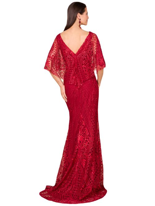 Lara New York Cape Sleeve Mermaid Gown In Red