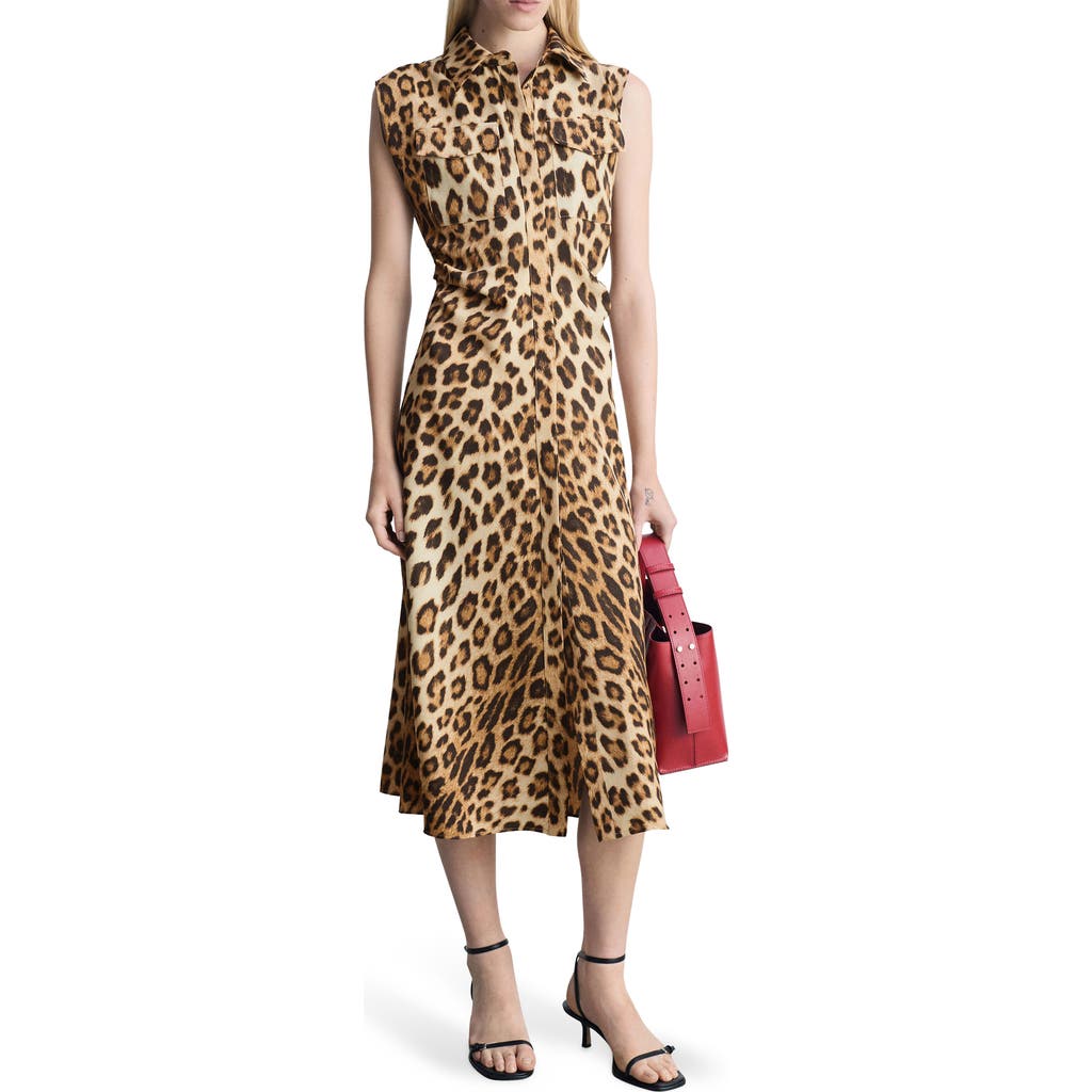 Mango Leopard Print Sleeveless Midi Shirtdress In Brown