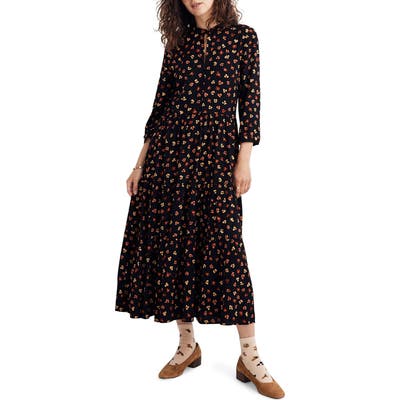 Madewell Feline Floral Button Front Tier Midi Dress, Black
