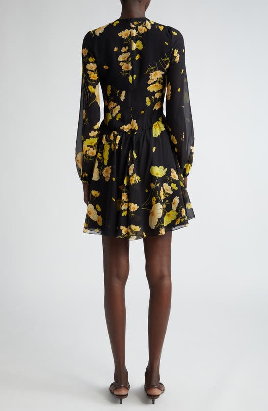 Shop Giambattista Valli Floral Print Long Sleeve Silk Chiffon Dress In Black/ Yellow