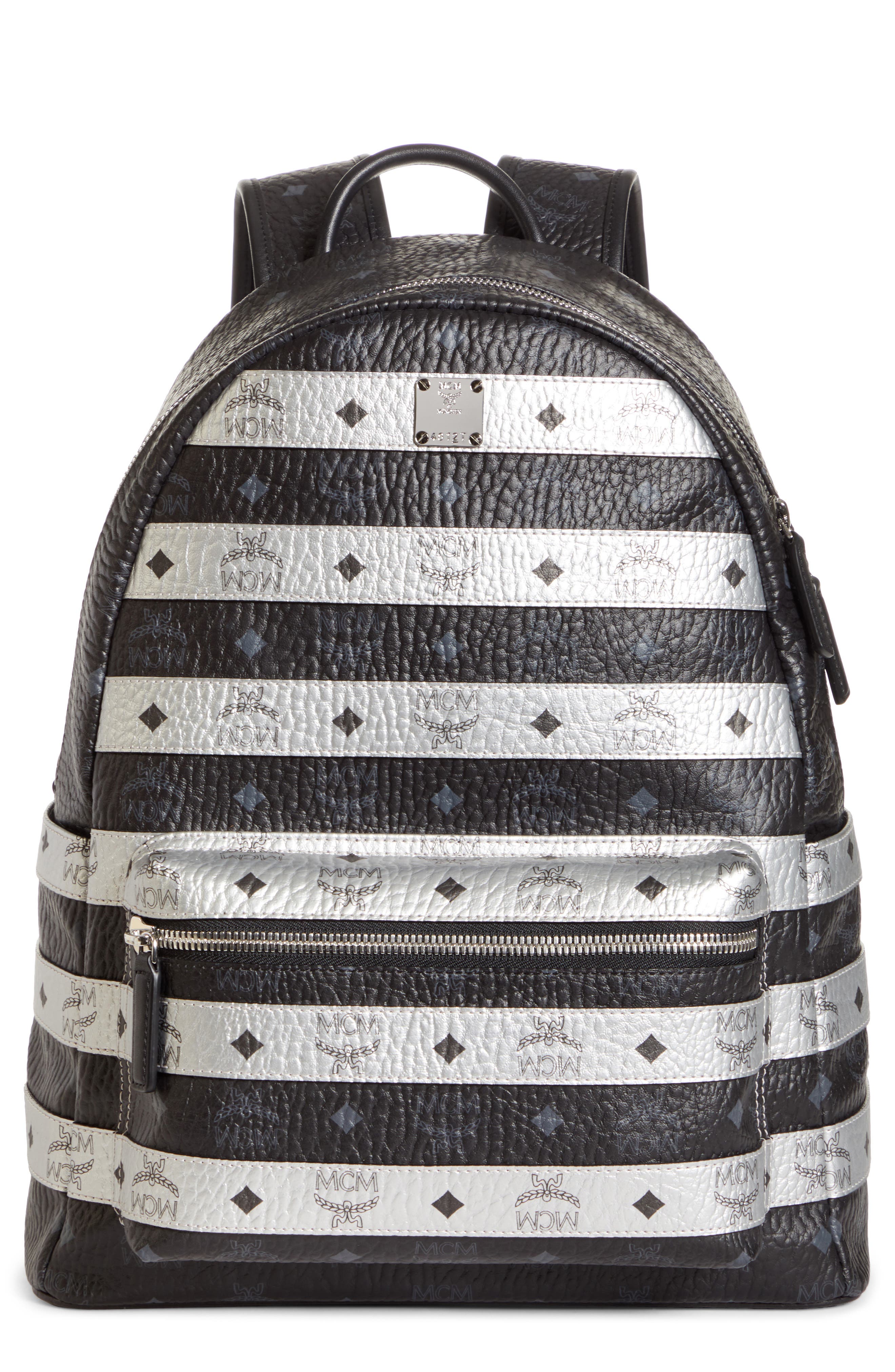 black and white mcm backpack