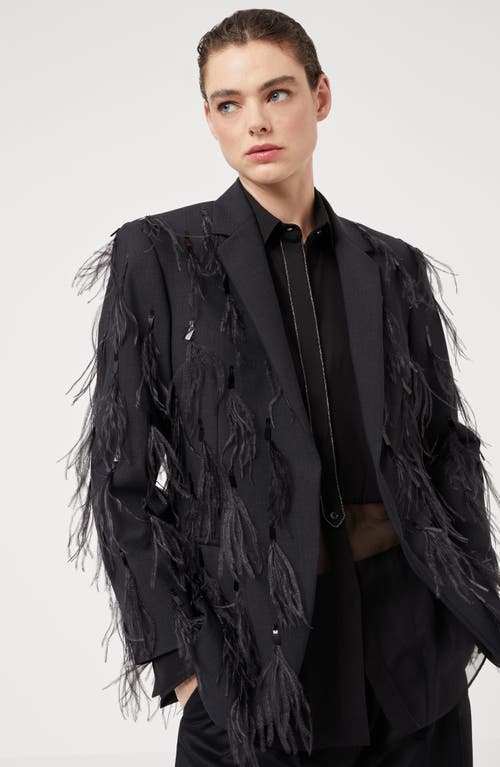 Shop Brunello Cucinelli Tropical Luxury Wool Blazer With Dazzling Feather Embroidery In Anthracite