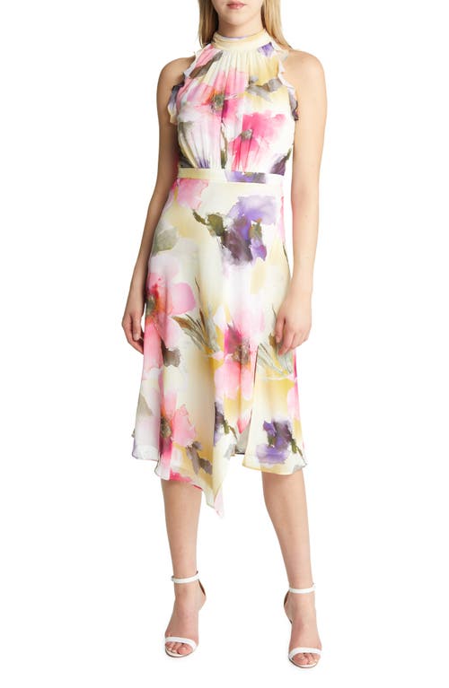 Adrianna Papell Floral Print Halter Chiffon Dress in Pink Multi