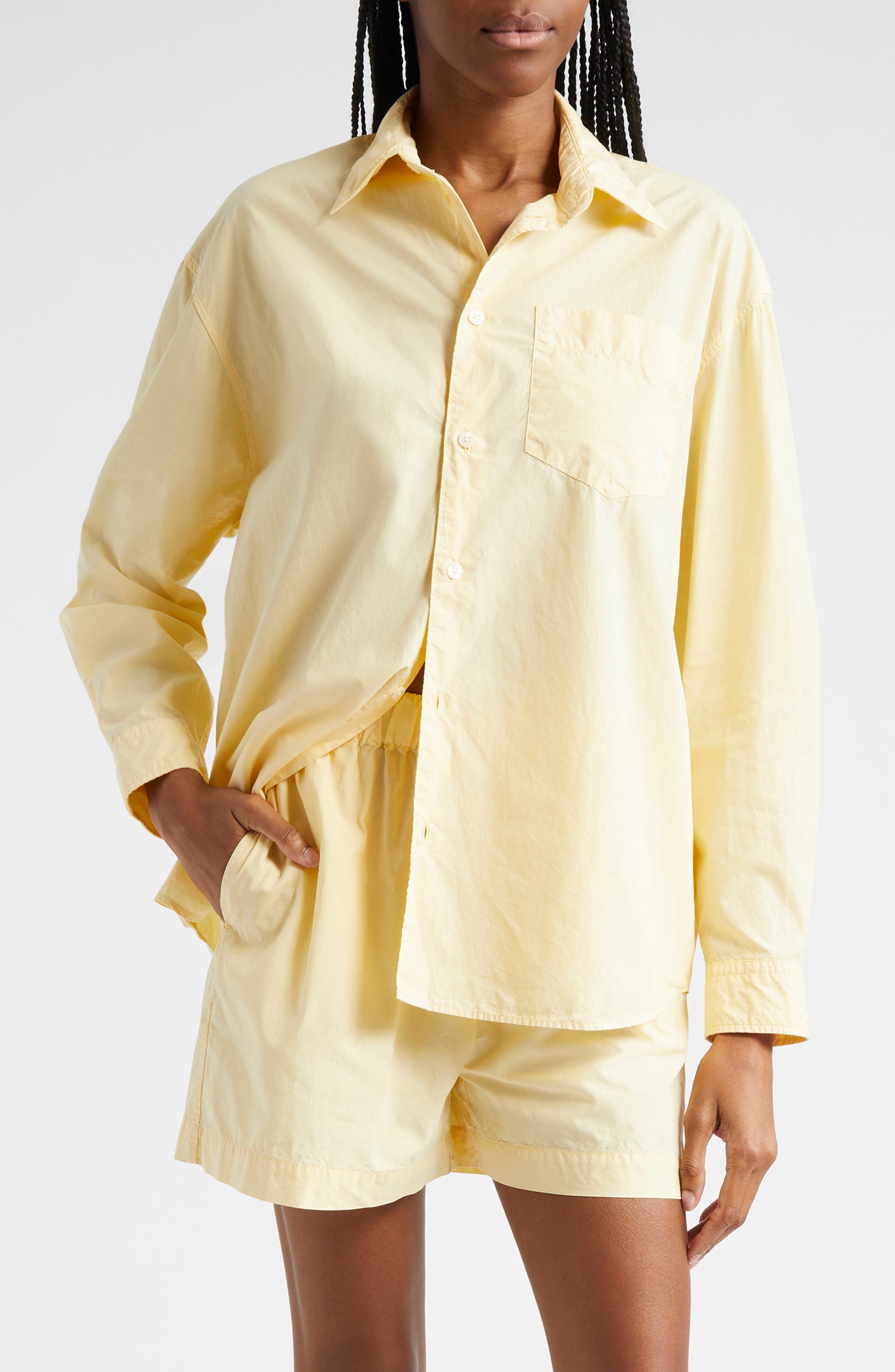 mustard button down shirt women's