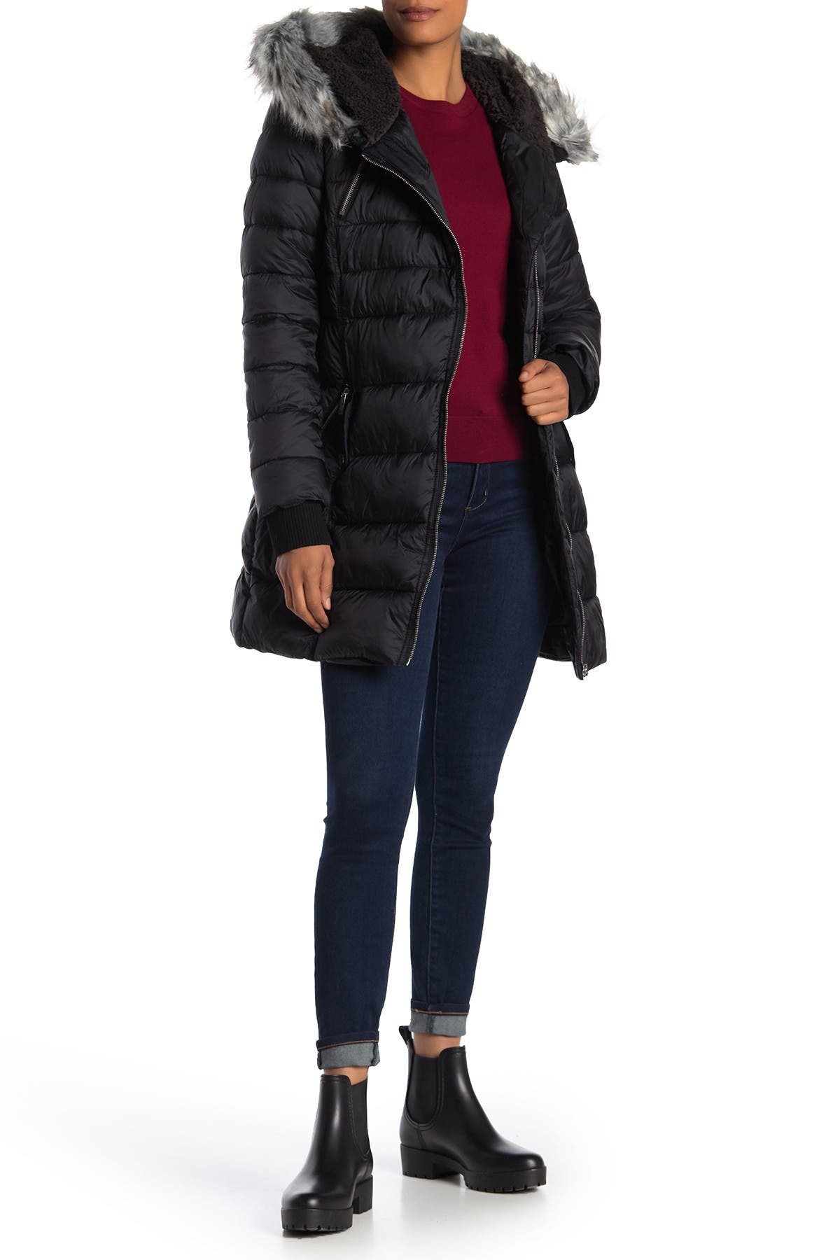 french connection waist belt quilted faux fur hooded jacket