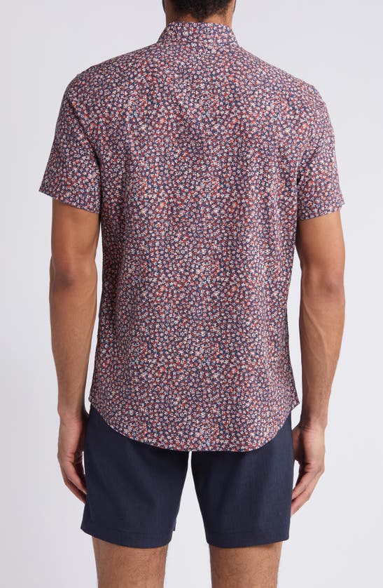 Shop Nordstrom Trim Fit Floral Short Sleeve Stretch Cotton & Linen Button-down Shirt In Navy- Red Floral Contrast