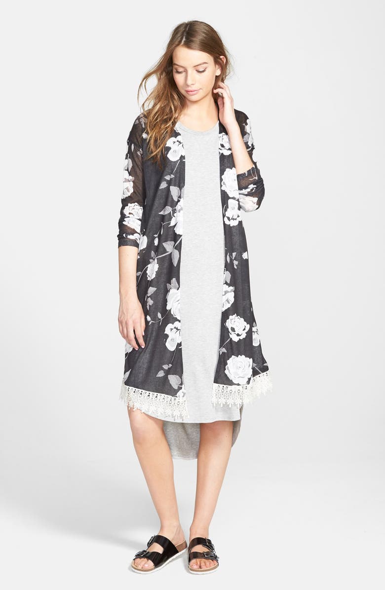 FRESHMAN Floral Print Hacci Duster, Main, color, JET BLACK COMBO