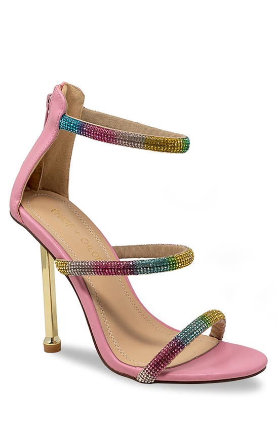 Chase & Chloe Elle Triple Rhinestone Strap Sandal In Pink Pu