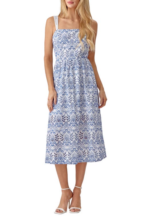 Adelyn Rae Ari Embroidered Midi Dress White Blue at Nordstrom,