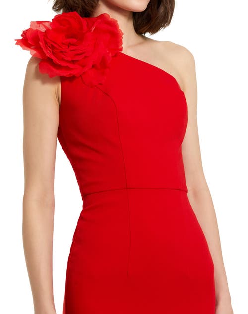 Mac Duggal Crepe One Shoulder Midi Dress With Flower In Cherry