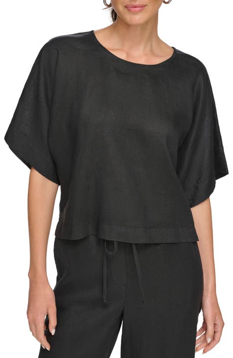 Lace V-Neck Short Sleeve Top in Linen Blend Black