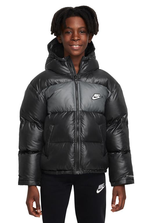 Shop Nike Kids' Sportswear Water Repellent Hooded Puffer Jacket In Black/smoke Grey/white