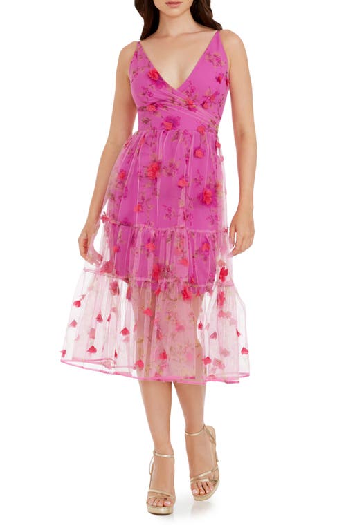 Dress the Population Paulette Floral Fit & Flare Midi Dress in Fuchsia Multi at Nordstrom, Size Medium